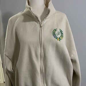 PINK Cream Full-Zip Fleece Jacket with Embroidered Floral Wreath